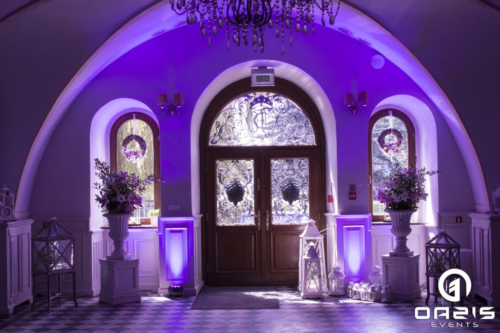 Oświetlenie fiolet i stare pałacowe drzwi Mojęcice