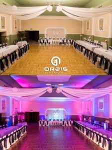 Klub nauczyciela w Legnicy sala weselna przed i po oświetleniu