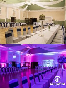 Odmieniona sala weselna Klub nauczyciela w Legnicy przed i po dekoracji światłem